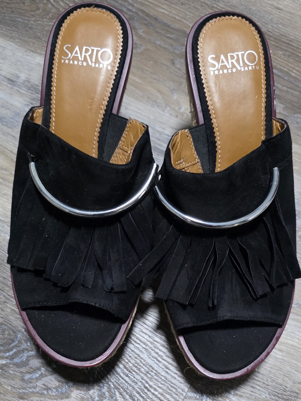 SARTO By Franco Sarto Black Suede Fringe Slides with Silver Hoop